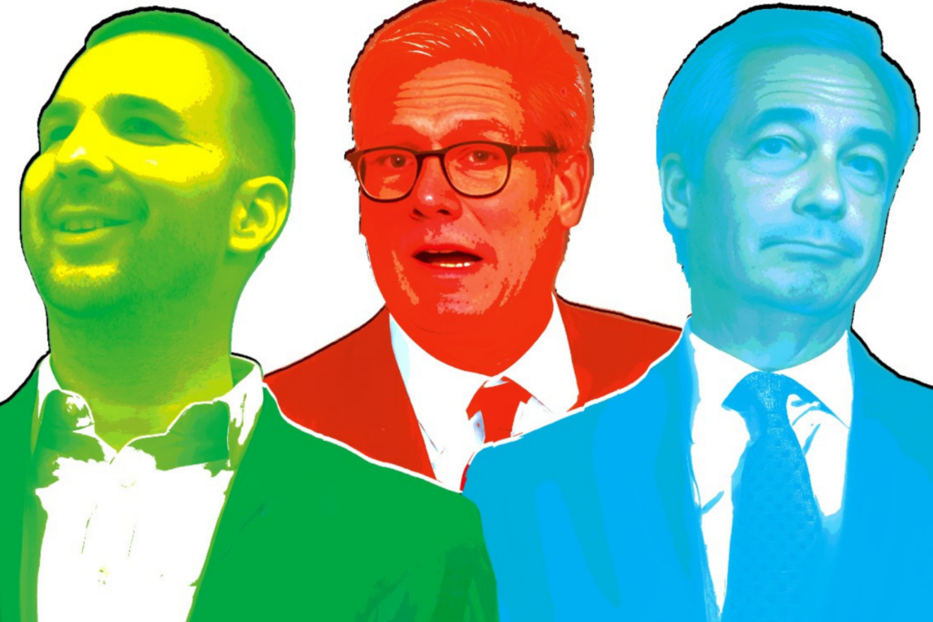 Image of Zack Polanski coloured green, Kier Starmer coloured red and Nigel Farage coloured in blue.